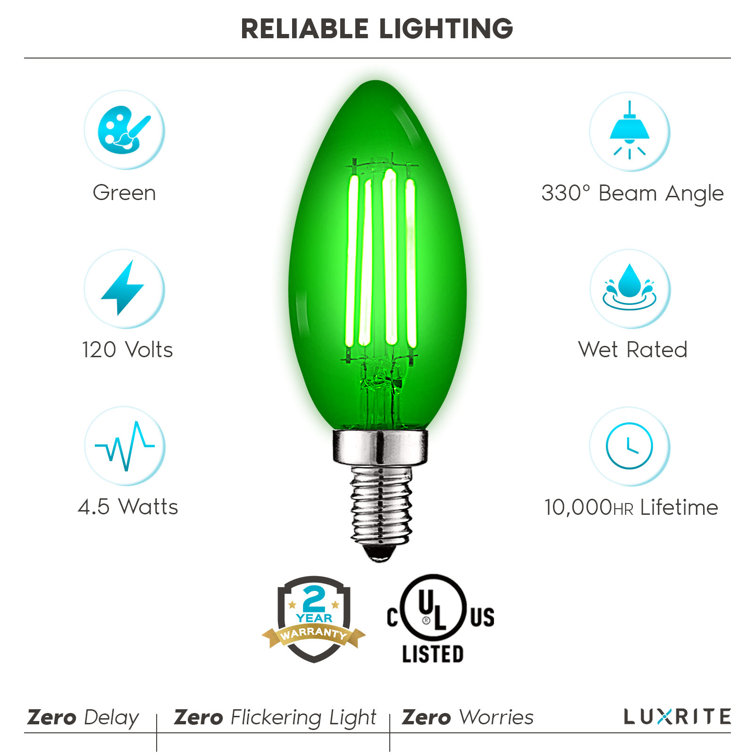 Luxrite E12 LED Filament Light Bulbs 4.5w 40w Colored Glass Candelabra Bulb UL E12 Decoration Bulb 3 Pack Green